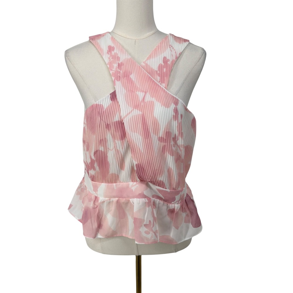 Express Floral Pleated Wrap Peplum‎ Top L Pink Smocked Fairy Coquette Feminine